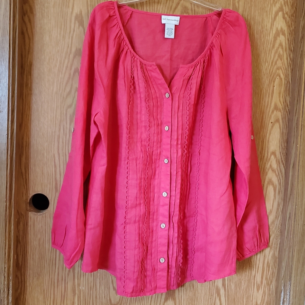 Soft Surroundings pink linen tunic blouse size L